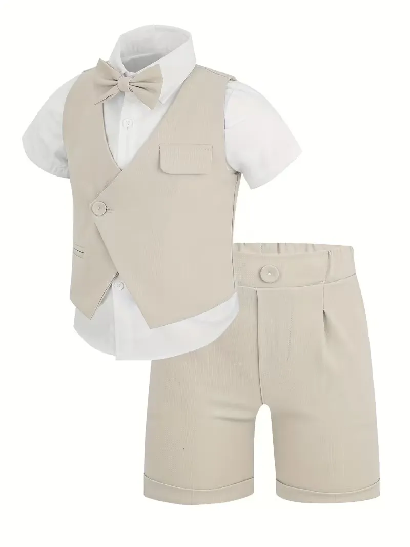 Ensemble de costume d'été beige pour garçons d'Angleterre : gilet, chemise, short, nœud papillon – Idéal pour la photographie, les mariages, les cérémonies et les déguisements pour enfants