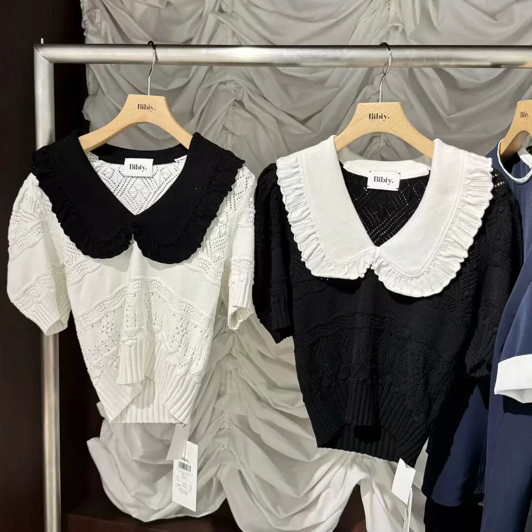 Bibi Knitted Hollow out Collar Top Fashionable Commute Style Suitable for Ages 14 And above in Stock Sweater