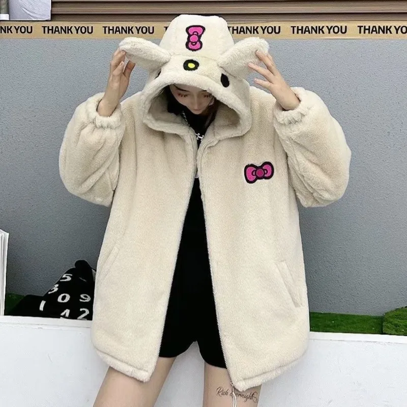 Cute Hello Kitty Faux-cashmere Hooded Coat For Women In Autumn And Winter Loose Zipper Y2k BF Style Fuzzy Jackets Clothes