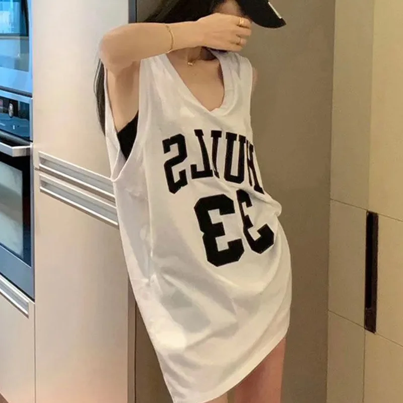 2023 neue Sommer lässig drucken O-Ausschnitt ärmellose Leibchen Femme Einfachheit Brief lose dünne Top T-Shirt Frauen Kleidung Trend Tops