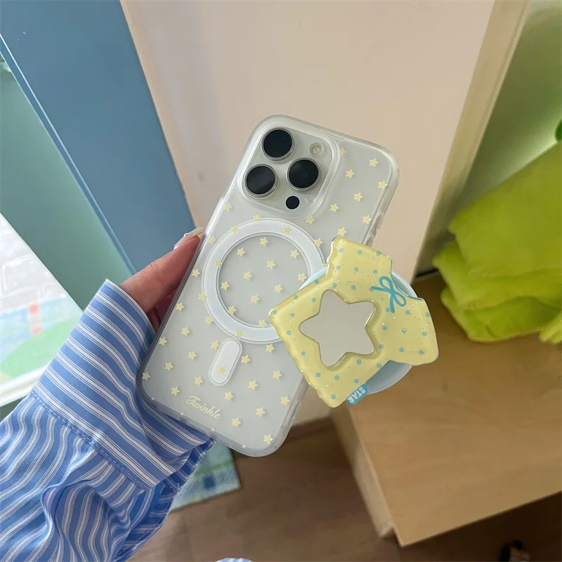 

Korean Twinkle Star Magnetic Stand Holder Cute Phone Case For iPhone 16 Pro 15 14 13 Pro Max Cover Cases for Magsafe 16Pro Funda