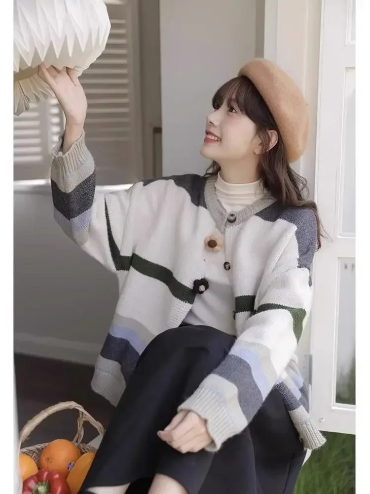 Contrast Striped Sweater for Women in Spring and Autumn New Vintage American Lazy Style Top Cardigan Knit Jacket Girls Clothing