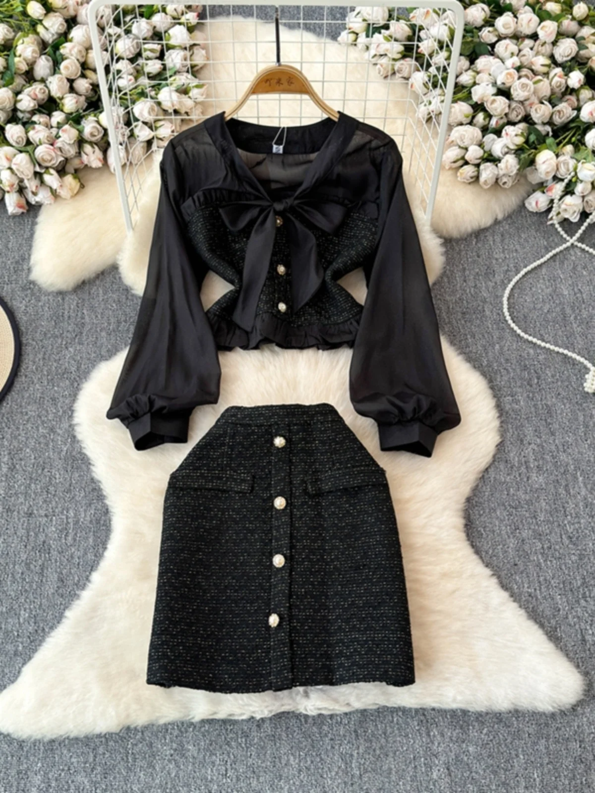 Gagaok French Style Bow Top Skirts Sets Women 2024 Autumn New Fashion Long Sleeve Shirts+buttons Slim Mini Skirt Two Piece Suit