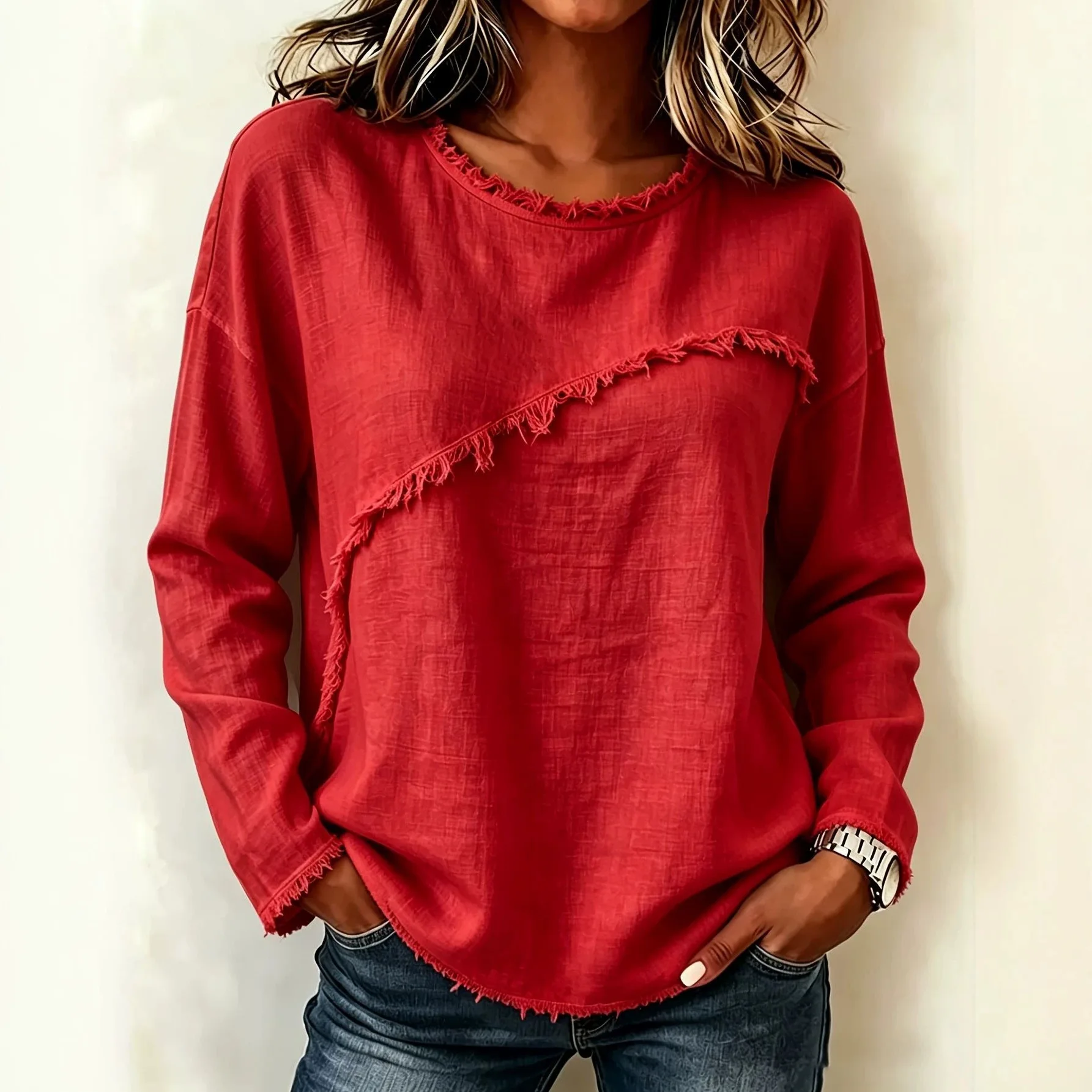Women's Asymmetrical Raw Edge Top Crew Neck Long Sleeve Frayed Trim Loose Fit Casual Boho Blouse
