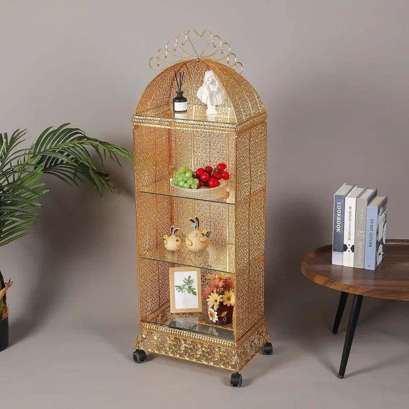 Nordic shelf, light luxury bookshelf, floor-standing movable cabinet, golden living room storage shelf, bedroom multi-level stor
