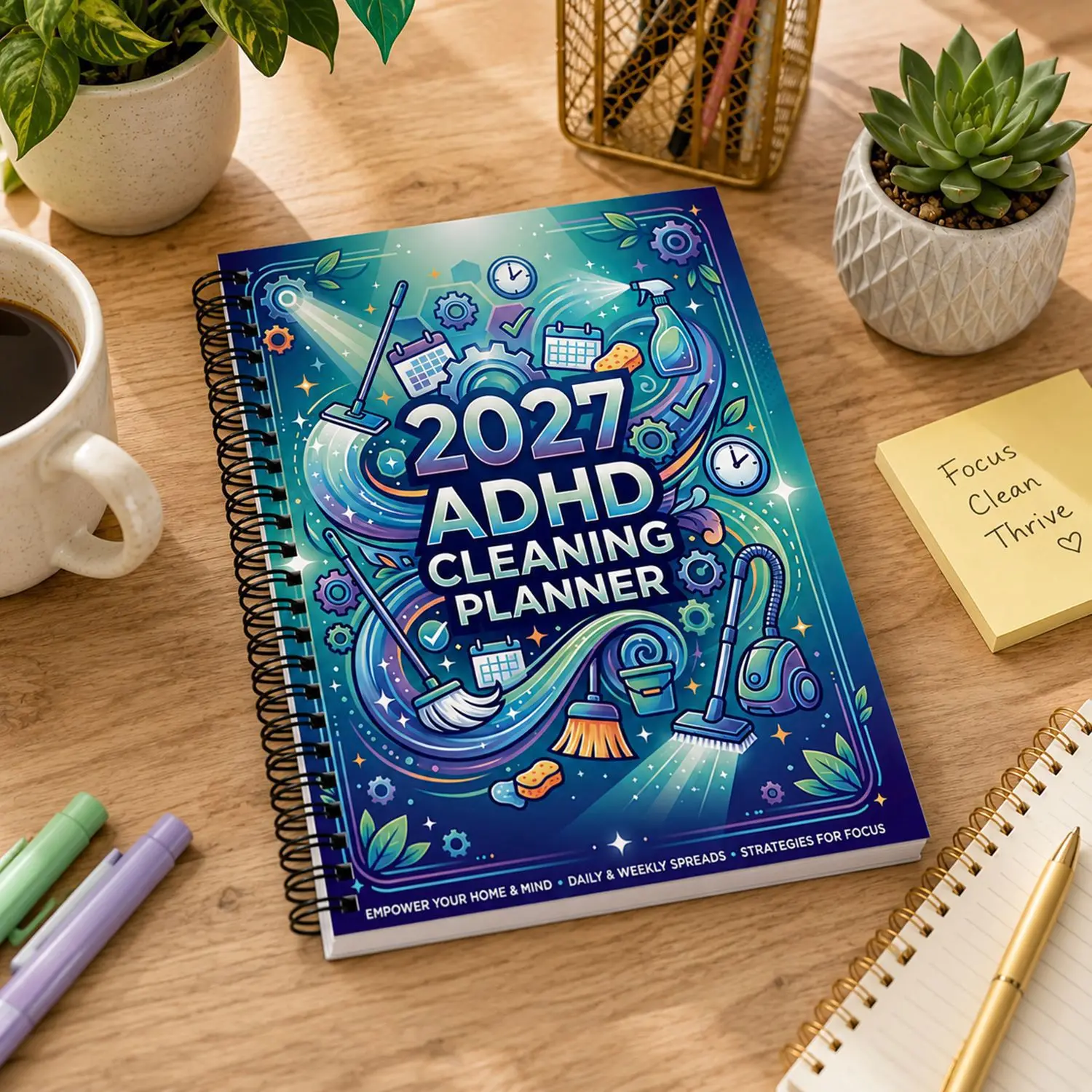 2027 ADHD Cleaning Planner, Daily Weekly Household Cleaning Checklist, Focus Strategies to Organize Your Household Task Tracker