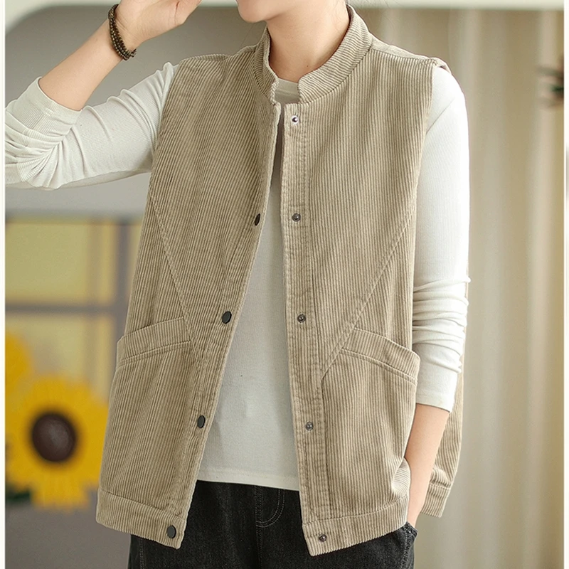 

Women's Corduroy Vest Spring Summer Japanese Retro Loose Short Sleeveless Jacket Single Breasted Stand Collar Solid Casual Tops