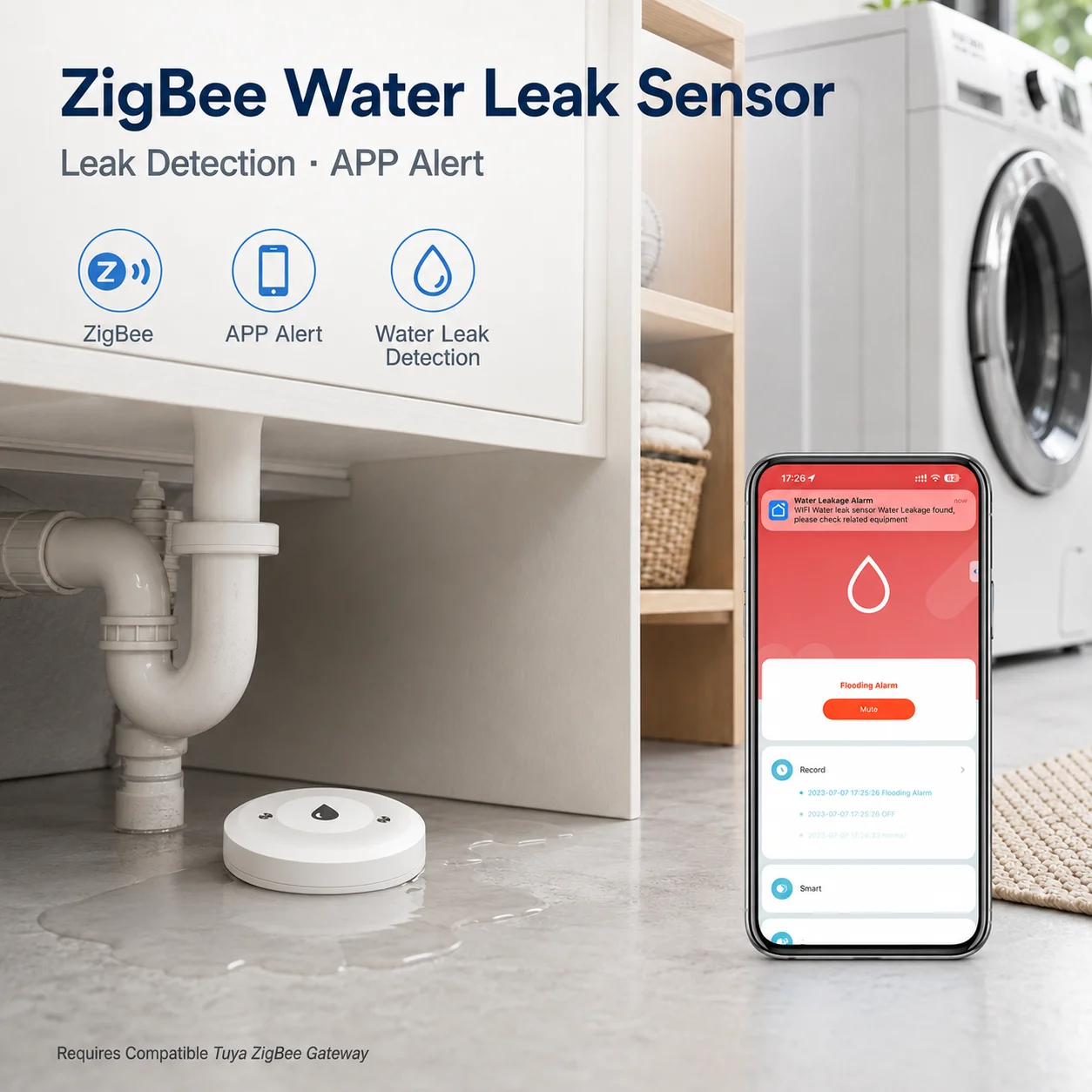 ZigBee Water Leak Detector Tuya Smart Life APP Notification Flood Sensor for Kitchen Bathroom Gateway Required