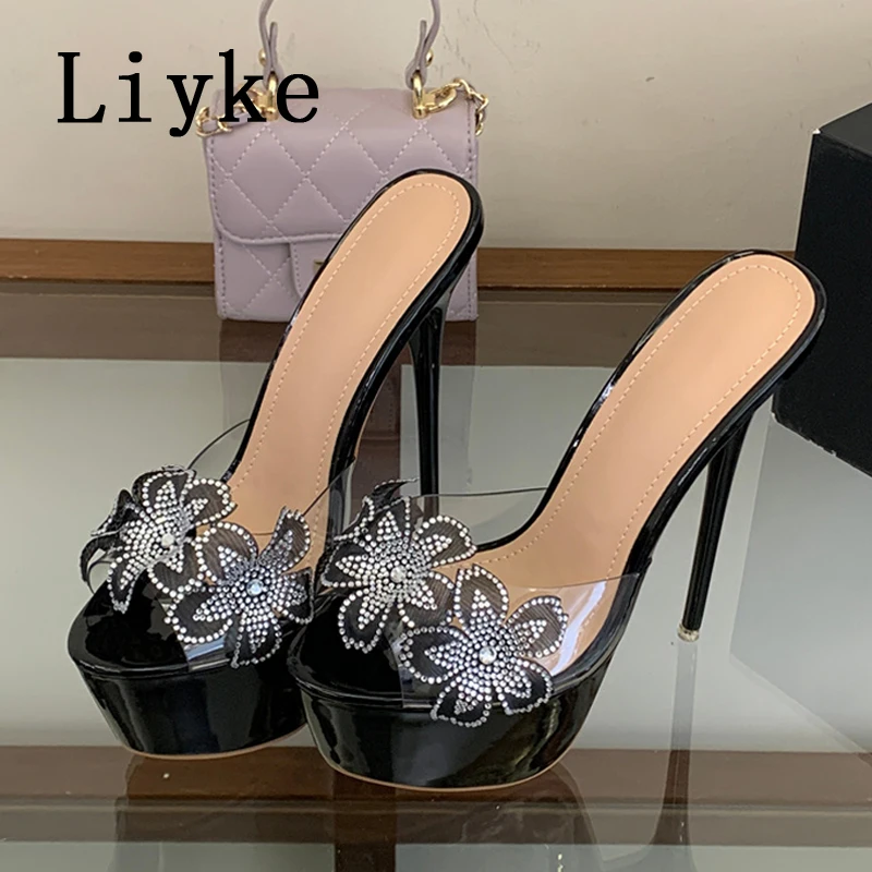

Liyke Sweet Style Rhinestone Flower Super High Heels Model Show Platform Shoes Women Slippers Transparent Sandals Stiletto Mujer