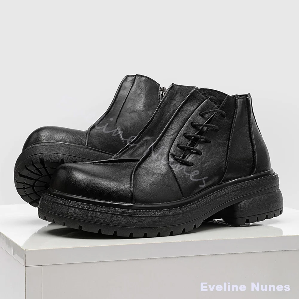 Height Increasing High Top Motorcycle Boots Stitching Round Toe Lace Up Anti Slip Chelsea Boots Dark Casual Fashion Short Boots
