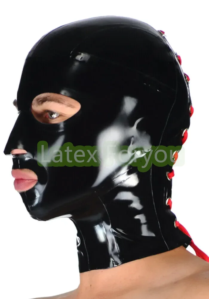 Natural Latex Hood Mask Unique Rubber Black with Lace-up Back Eyes Mouth Open Halloween Mask Fetish Halloween Cosplay Headgear
