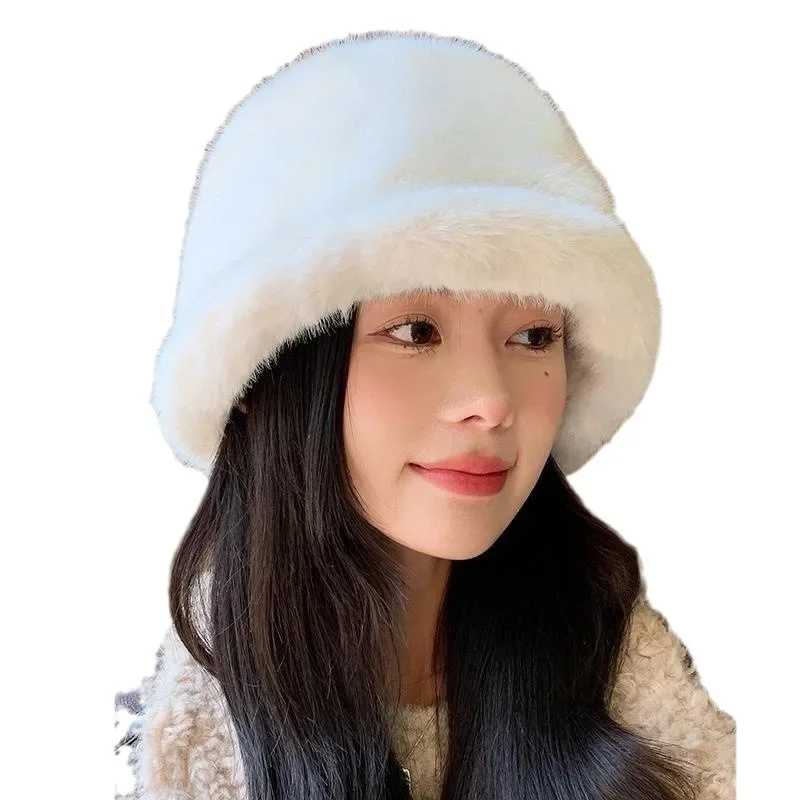 Soft Winter Plush Warm Bucket Hat for Women Girl Solid Color Fordable Wide Brim Panama Cap Outdoor Windproof Tour Basin Hats