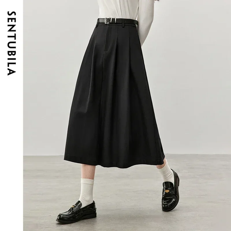 

SENTUBILA Women's Black Pleated Skirt 2025 Spring Office Ladies Classic Commute A-line Twill Midi Skirt Female Clothes 144Q57417