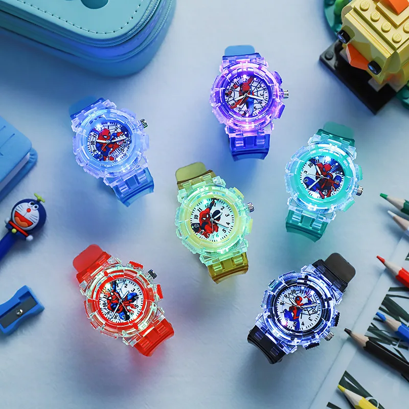 Spidermans Kids Wristwatch Marvels Child Accessories Figurines Movie Characters Derive Peripherals Illuminated Watch Party Gifts