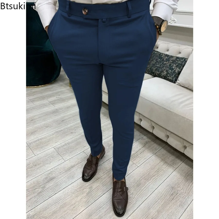 2024 Men's Solid Casual Trousers Trend Slim Business Formal Pants Simple Versatile High Waist Pencil Pants Men Pants Four Season