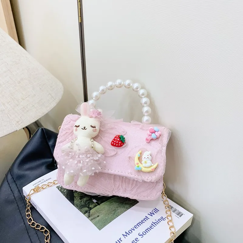 

Милые куклы для маленьких девочек, квадратные сумки на плечо, сумка через плечо с цепочкой принцессы, кошелек для монет, милый детский клатч с жемчужной ручкой сверху, аксессуары