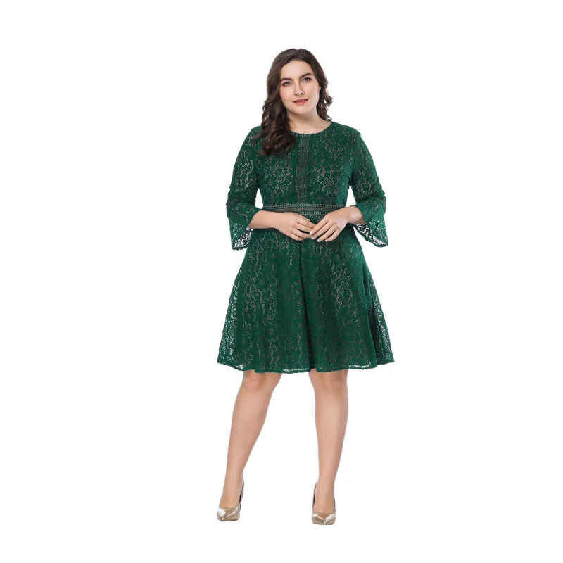 2024 Summer New European and American plus Size Women's Clothes Lace Hollow Short Dress