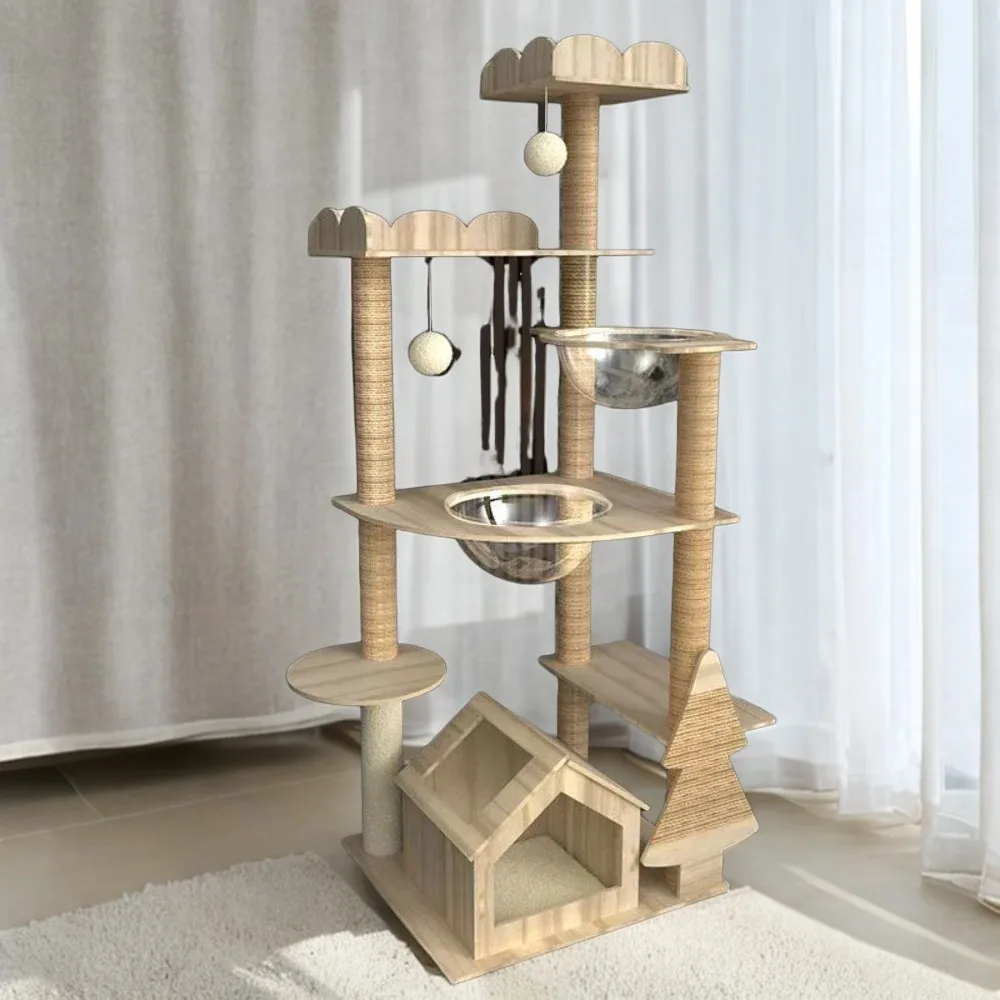 Cat Climbing Frame Large Wooden Cats Tree House Cat Climbing Frame Modern Simple Multi-layer Towers Sisal Rope Cats Tree Tower