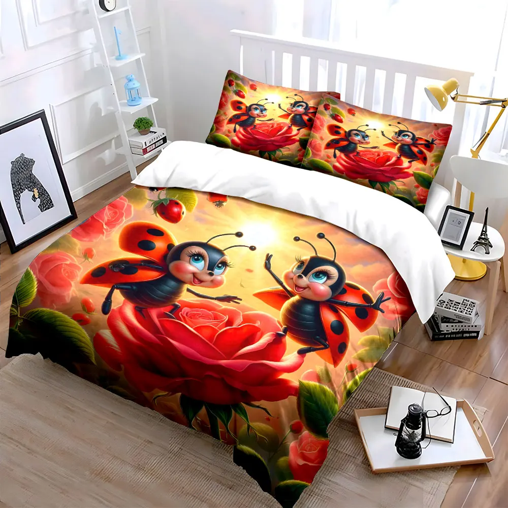 Ladybugs Dancing on Red Rose Pattern Duvet Cover Set Digital Print Colorful Polyester Bedding with Zipper Closur for kids gifts