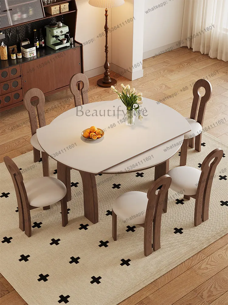 Medieval solid wood rock slab dining table retractable modern simple square and round dual-purpose variable round table