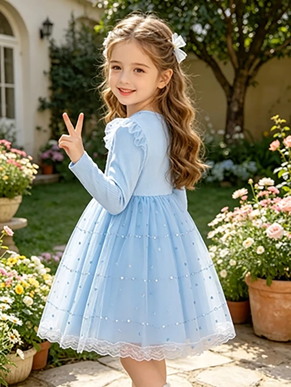 Blaues Prinzessinnenkleid mit Sternenmuster und Spitze für Kleine Mädchen, Langärmliges Tüllkleid für den Herbst – Detail 3