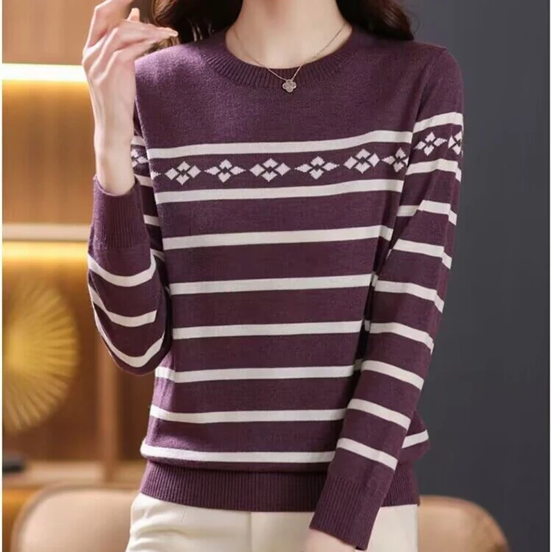 Autumn Winter Clothes Women Sweater O Neck Striped Pullovers Loose Bottoming Long Sleeve Casual Knitted Tops Female Pull Femme