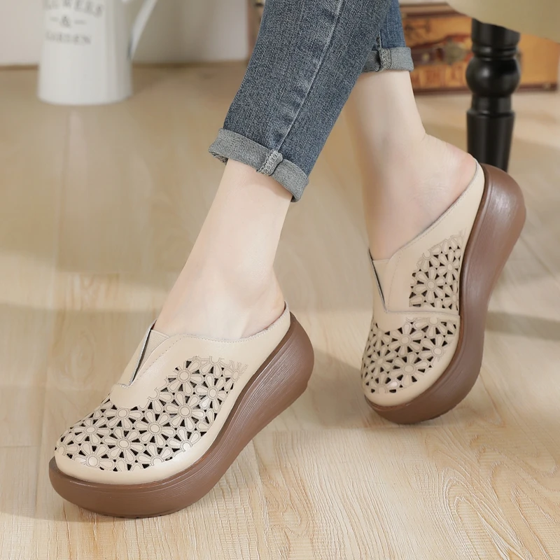 Fujin 5cm Fashion New Genuine Leather Slides Summer Shoes Platform Wedge Women Fretwork Slippers Slip on Hollow Designer Ladies