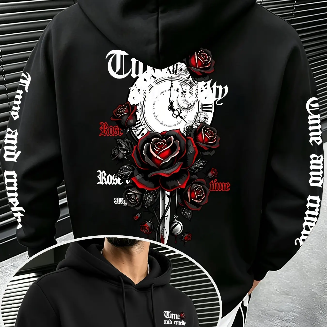 Autumn/Winter Halloween New Dark Style Red and Black Rose Clock Print Casual Hooded Sweatshirt - Couple Street Style Apparel