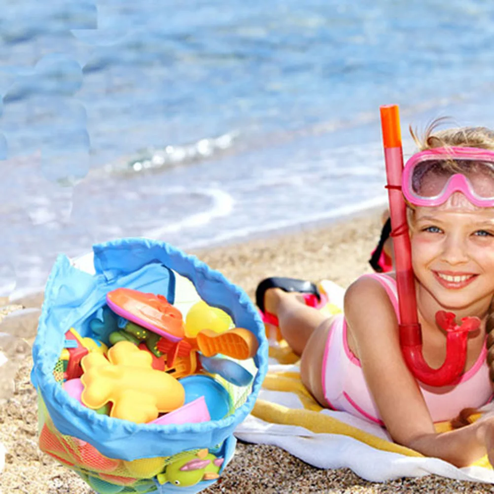 

Blue Kids Beach Mesh Tote Foldable Storage Bag Sand Shells Organizer Drainable Drawstring Mesh Backpack for Teens