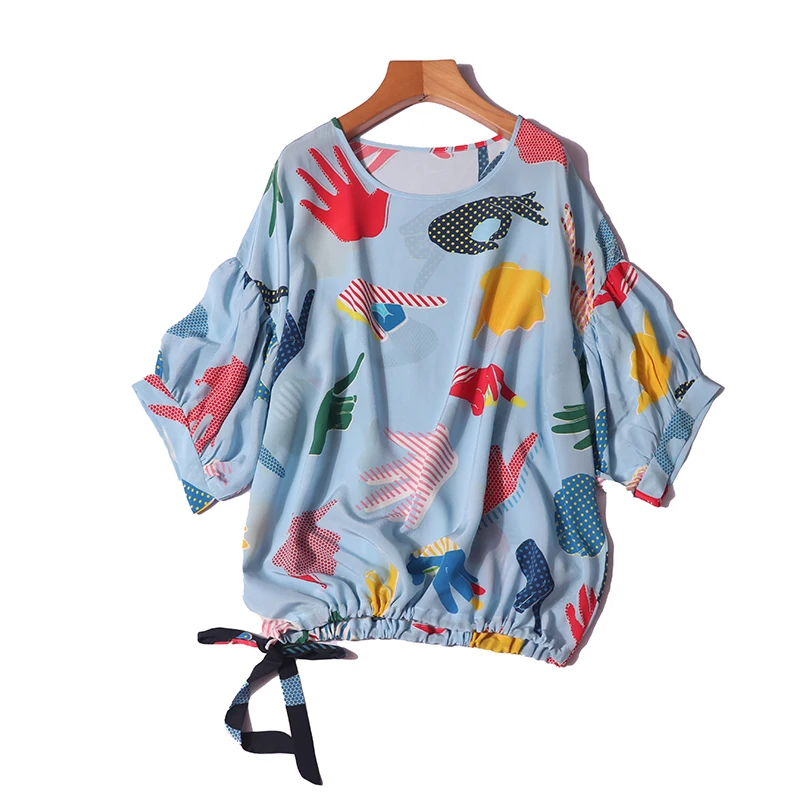 Summer new arrive high quality 100% silk loose lantern sleeve half sleeved shirt