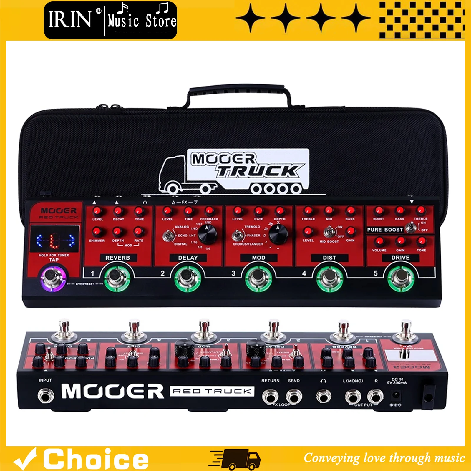 Pedal multiefectos para guitarra MOOER Red Truck con Pure Boost, Drive, Distortion, Modulation, Delay, Reverb, afinador y salidas estéreo integradas.