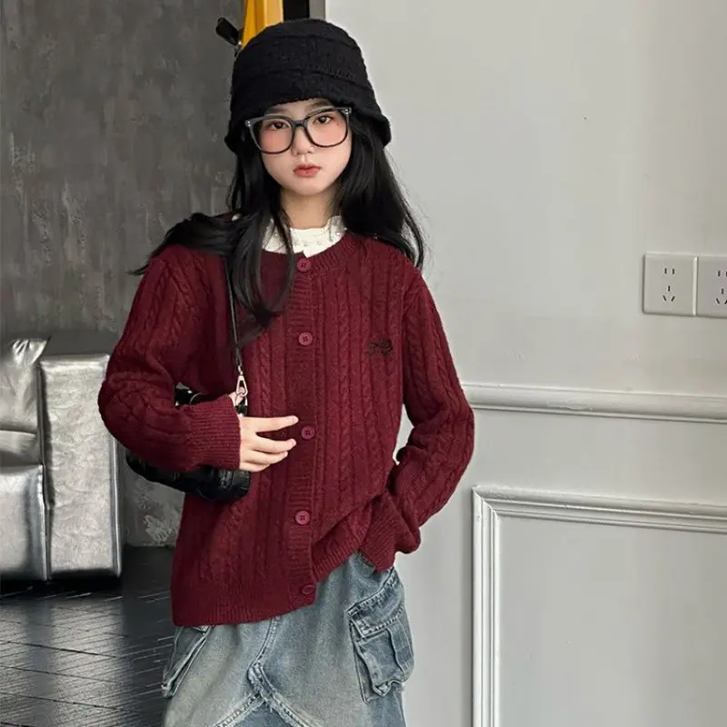 Autumn Girl Sweater Temperament Wine Red Fried Dough Twists Cardigan Bow Embroidered Knitting Top 5-17Y