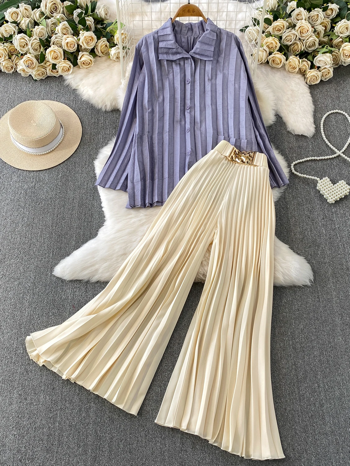 

Faionable Two-Piece Set Women's Spring Autumn Casual Long Sve Sun Protection irt Design Luxury High Waist Pleated Semb...