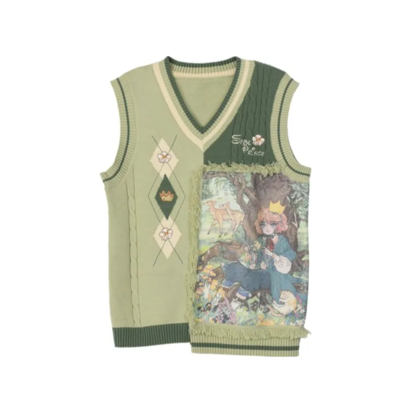 2025New V ネックオーバーラッププリントニットベスト女性デザインセーターチョッキ韓国甘いプルオーバー