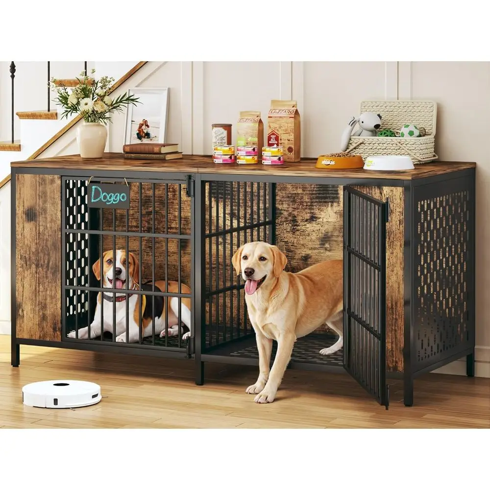 

Large Double Dog Kennel Furniture for 2 Dogs – Extra Sturdy XXL Metal & Wooden Medium Dog Cage with Removable Divider, Dual Door