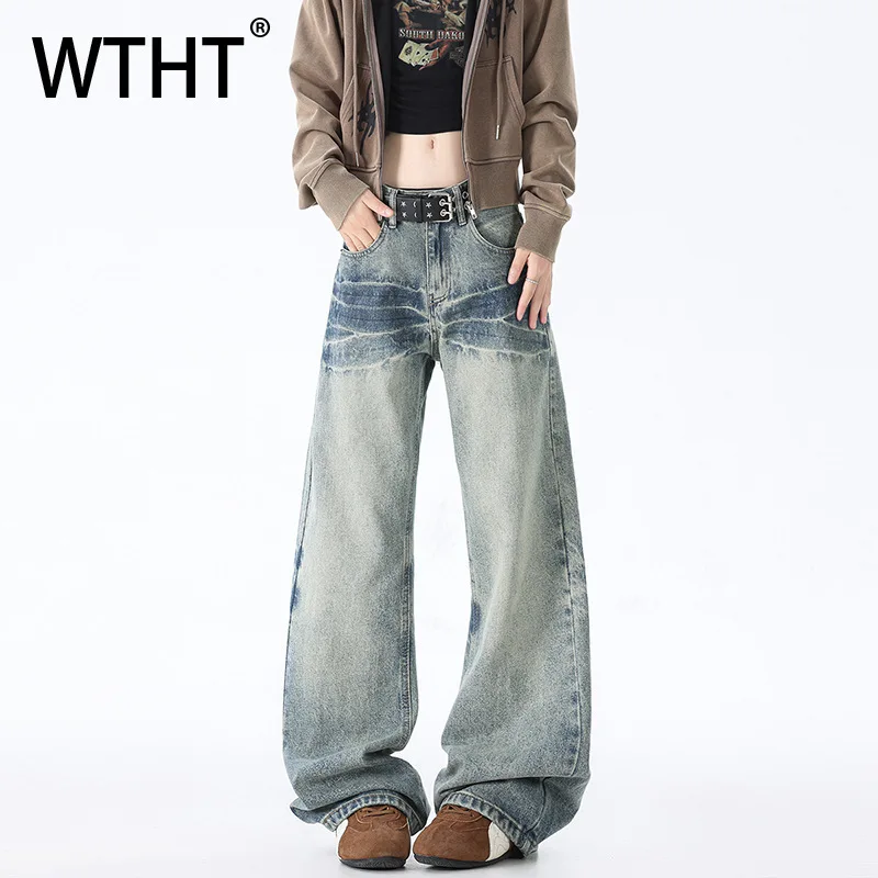 

WTHT Винтаж 2025 зимние мужские градиентные старые плиссированные джинсовые брюки модные модные широкие прямые повседневные джинсы мужские 2A2553