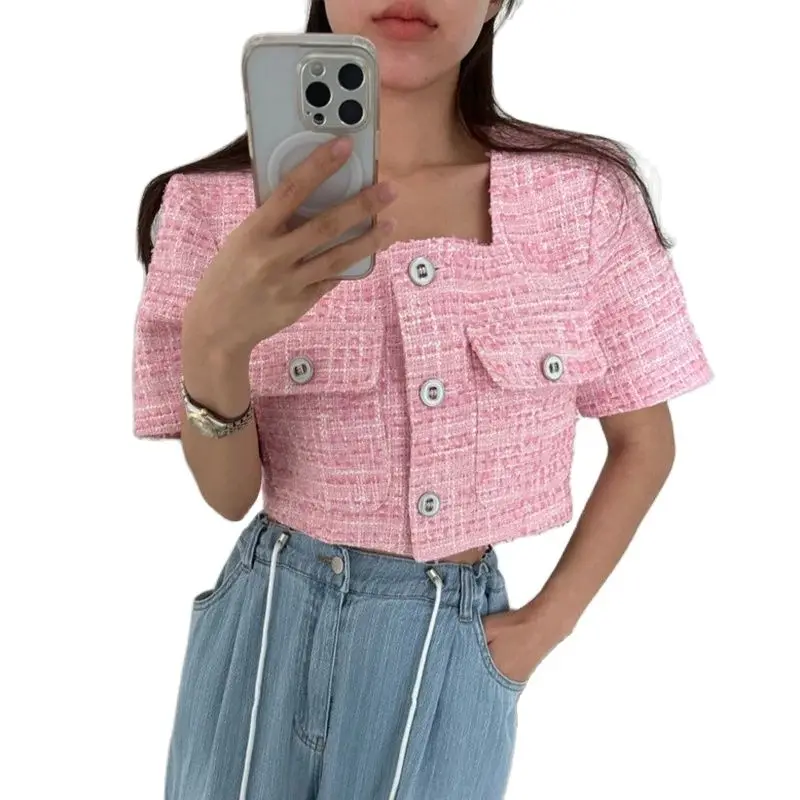 Korea Temperament Short Sleeve Cardigan Women Clothes Crop Tweed Coat Chic Tops Summer Elegant Square Collar Casual Sweet Jacket