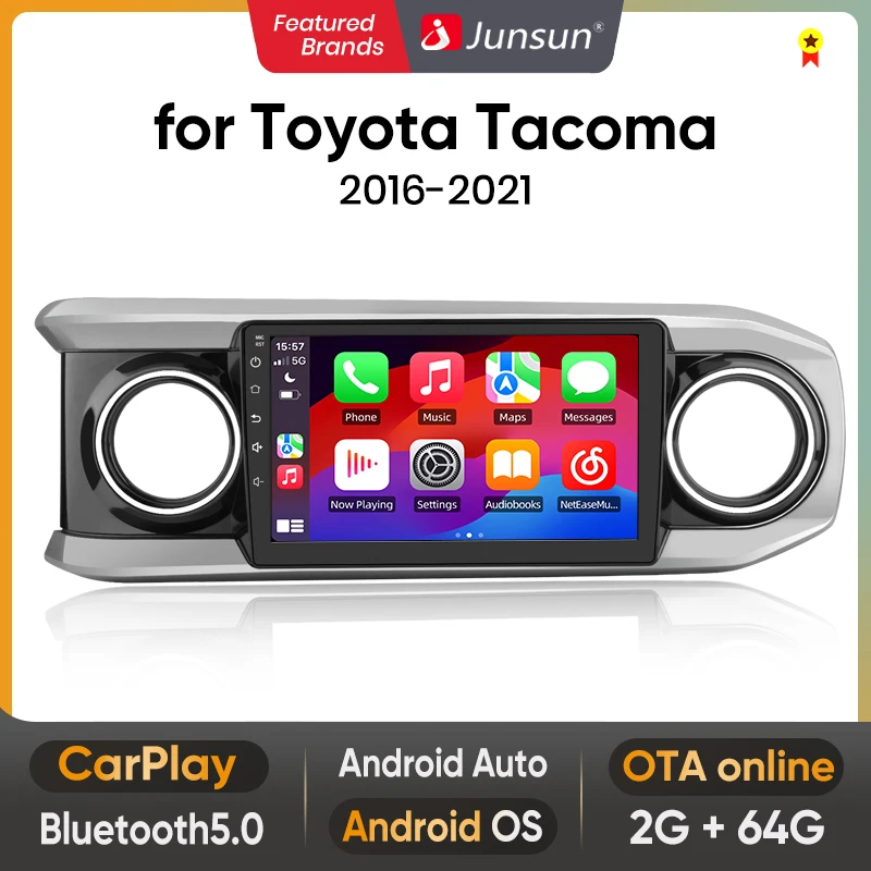 Junsun Wireless Carplay Android Auto Android 15 Car Multimedia Touch Screen Head Unit for Toyota Tacoma 2016 2017 2018 2019 2020 2021 GPS Radio Bluetooth 5.0 4G LTE 5G WiFi Smart Voice Control Stereo Receiver