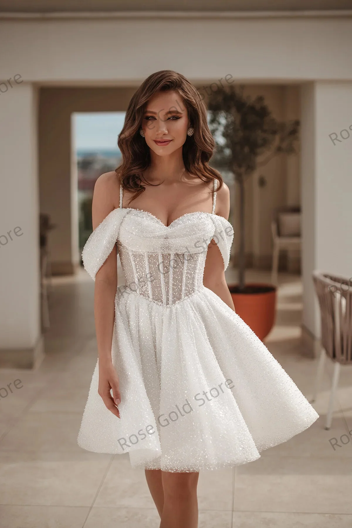 Elegant Mini Wedding Dresses Princess Beading Off Shoulder Formal Bridal Grown Sleeveless Short Customized Vestido De Noival