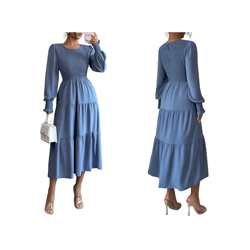Fall Wedding Guest Dresses For Women Puff Long Sleeve Smocked Casual Crew Neck Tiered A Line Flowy Long Dress