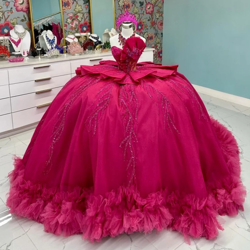 

Rose Red Quinceanera Dresses Ball Gown Off The Shoulder Beading Crystal Tiered Tull Bow Party Birthday Sweet 16 Dress Vestidos