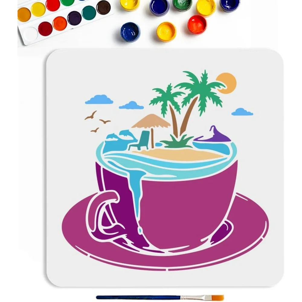 Beach Tea Cup Stencil 11.8×11.8inch Large Summer Theme Beach Scenery Stencils with Paint Brush Sea Ocean Coconut Tree