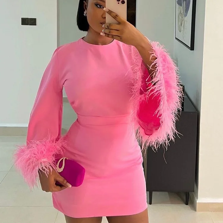 

Mid Length Dress Women Sexy Dresses Slim Fit Vestidos Streetwear Round Neck Feather High Waist Elegant Y2k Party Club 2025