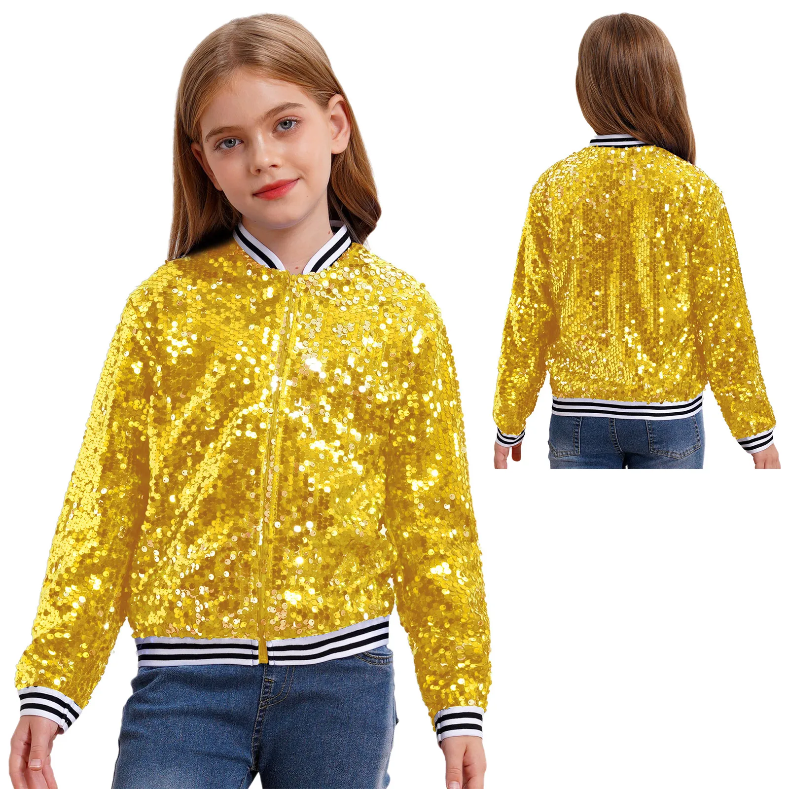 6-16Y Kids Girls Hip Hop Jazz Street Dance Cheerleading Performance Outerwear Long Sleeve Zipper Sequin Jacket Baseball Coat
