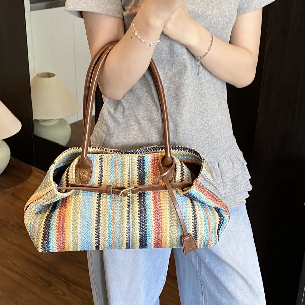 

2025 Double Layer Stripe Tote Bag Adjustable PU Shoulder Bag for Women, Detachable Base Large Capacity Casual Beach & Work