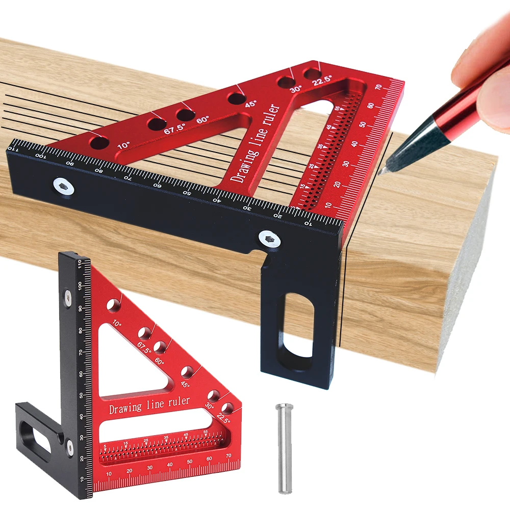 

1Pc Carpenter Square Hole Scribing Ruler 22.5-90 Degree Measuring Ruler with Angle Pin Construction Precision Woodworking Tool
