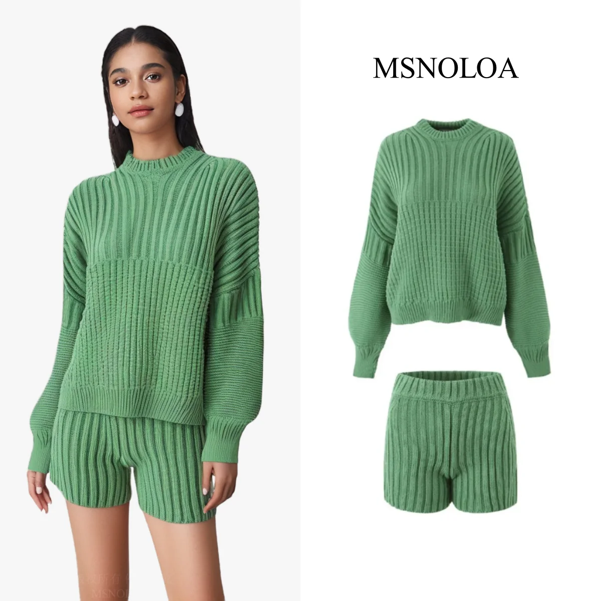

2024 Autumn Women Knitted Sets Long Sleeve Oversize Pullovers Loose Sweaters Skinny Shorts Suits Knitwear Green Y2K
