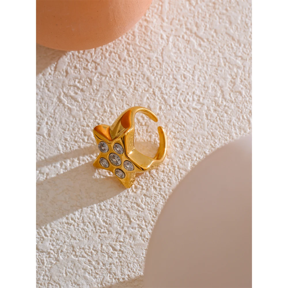 Yhpup Thicker Metal Pentagram Star Cubic Zirconia Ring 18K Gold Color Plated Fashion Statement Jewelry