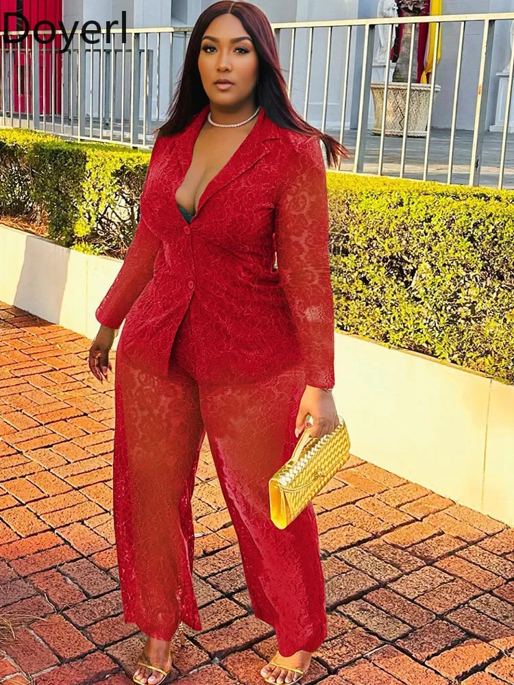 

Doyerl Кружевной клубный наряд для вечеринки, женский комплект из двух предметов, сексуальная прозрачная рубашка с длинными рукавами, топ и прямые брюки, одинаковые комплекты