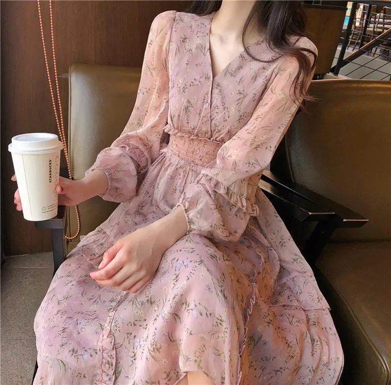 프렌치 레트로 미디 길이 매우 우아한 프렌치 플라티코돈 스커트 작은 꽃무늬 쉬폰 드레스 여름 스타일